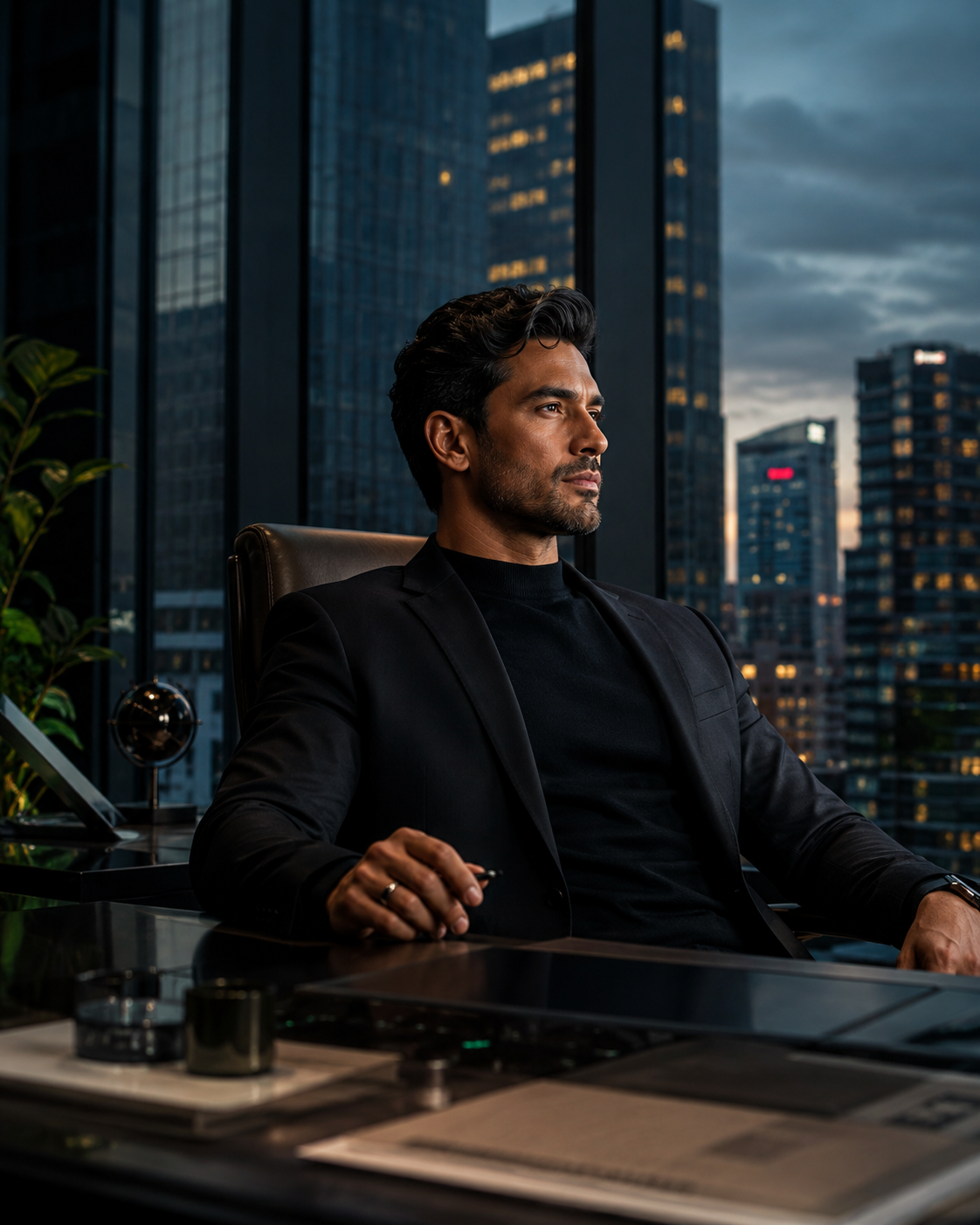 Executive seated at a desk in a high-rise office looking out over the city skyline at dusk