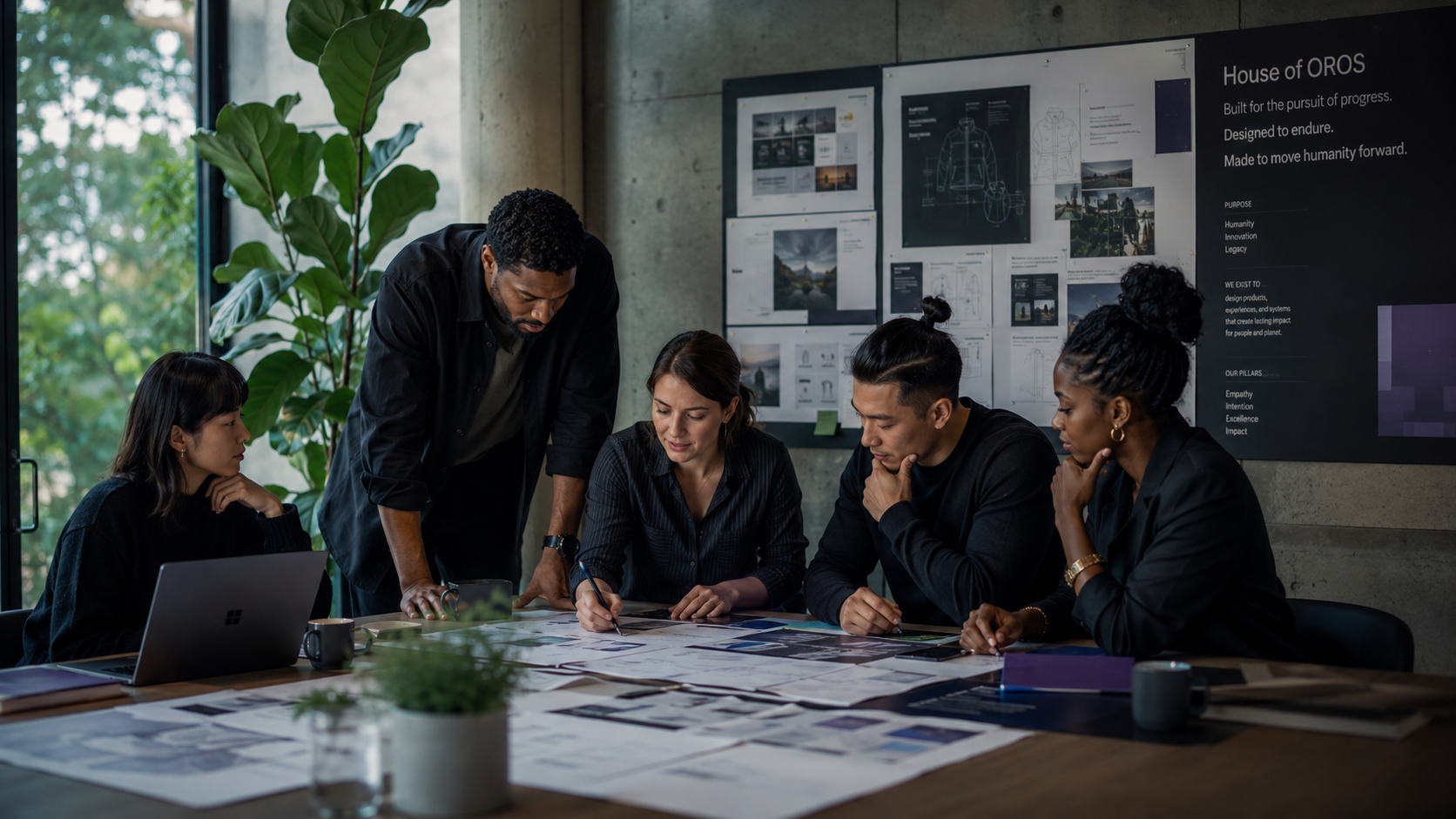 Team gathered around a table reviewing printed strategy documents together