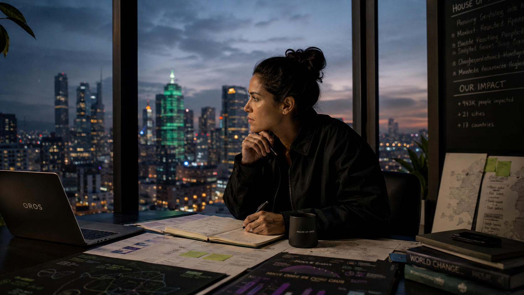 Operator thinking at a desk with a city skyline behind her at dusk