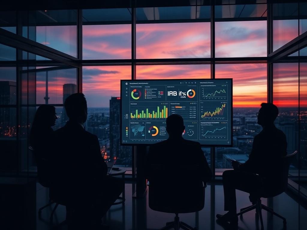 Executive team reviewing a company dashboard in a glass strategy room