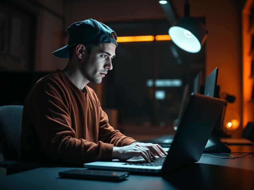 Operator working late on a laptop in a low-lit studio office